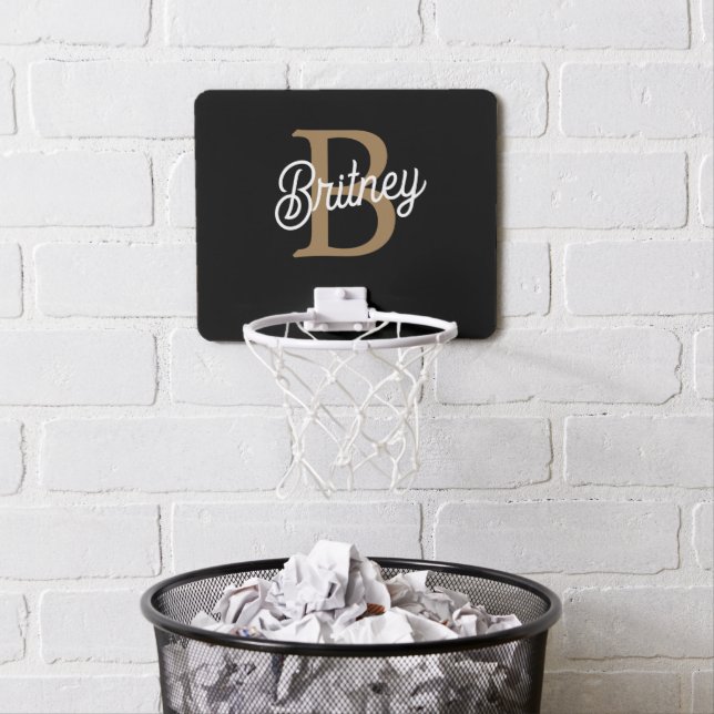 Modern Elegant Monogram Name  Black Gold Script  Mini Basketball Hoop (In Situ)