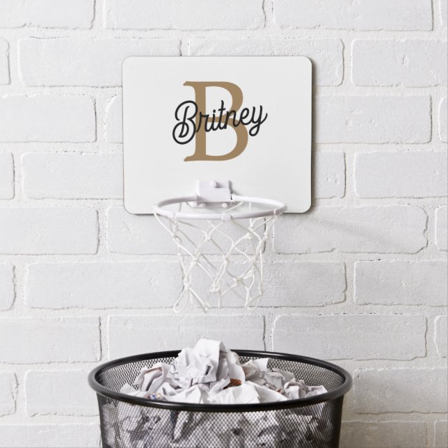 Modern Elegant Monogram Name  Black Gold Script  Mini Basketball Hoop (In Situ)