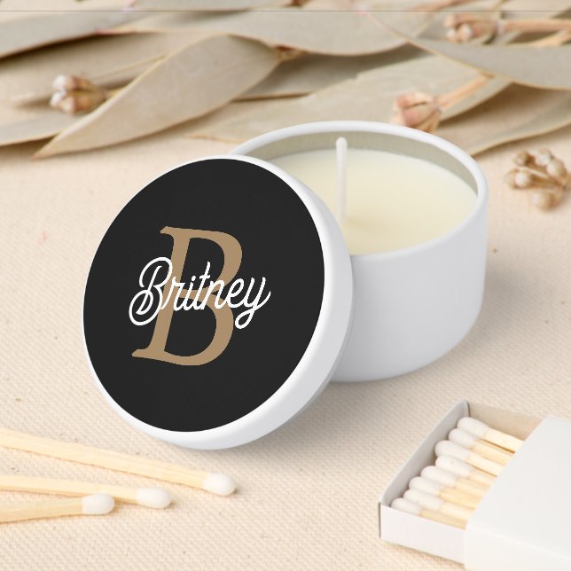 Modern Elegant Monogram Name Black Gold Script Mini Candle Favors (Insitu)