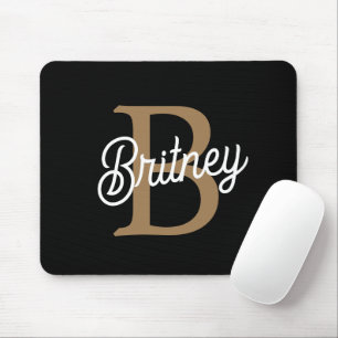 Modern Elegant Monogram Name Black Gold Script Mouse Pad