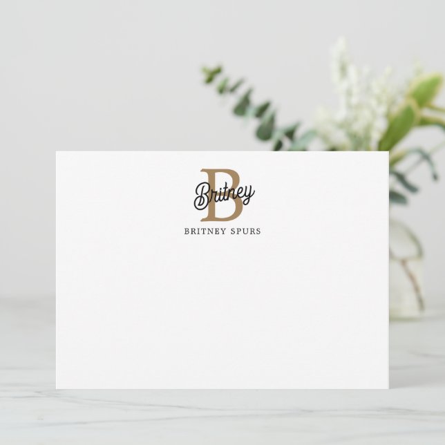 Modern Elegant Monogram Name  Black Gold Script  Note Card (Standing Front)