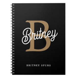 Modern Elegant Monogram Name Black Gold Script Notebook
