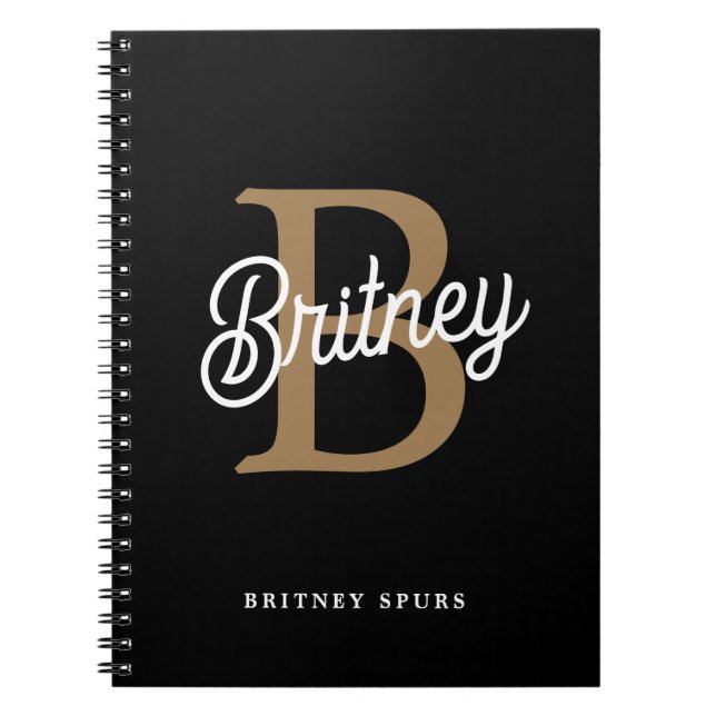 Modern Elegant Monogram Name  Black Gold Script  Notebook (Front)