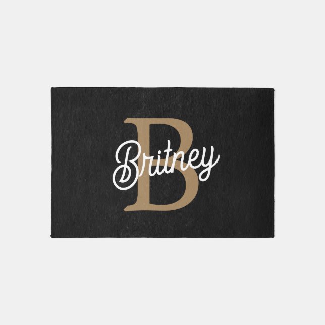 Modern Elegant Monogram Name  Black Gold Script  Outdoor Rug (Front)