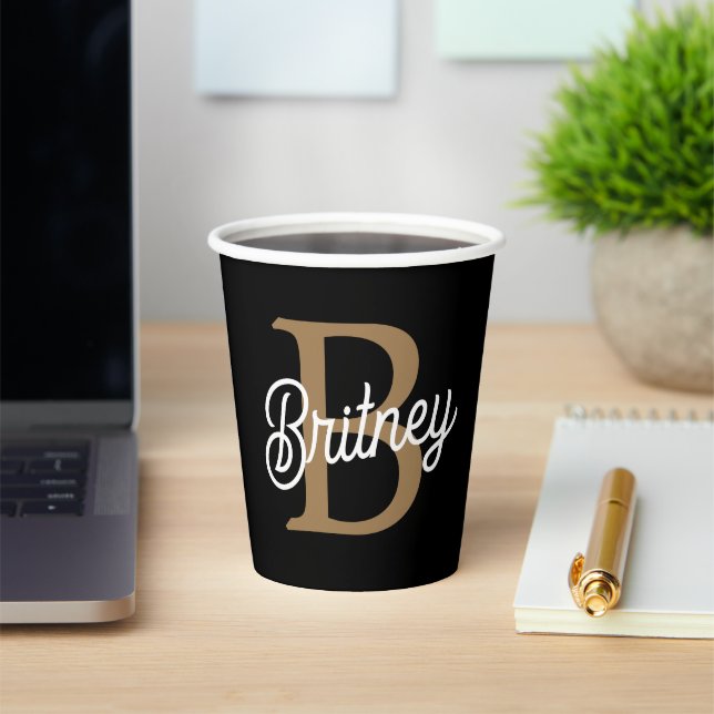 Modern Elegant Monogram Name  Black Gold Script  Paper Cups (Insitu)