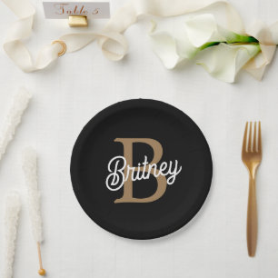 Modern Elegant Monogram Name  Black Gold Script  Paper Plates