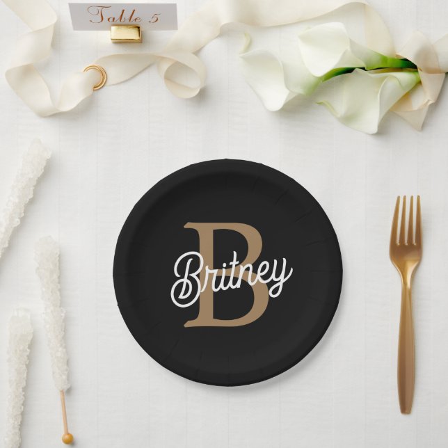 Modern Elegant Monogram Name  Black Gold Script  Paper Plates (Wedding)