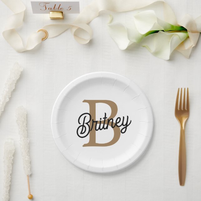 Modern Elegant Monogram Name  Black Gold Script  Paper Plates (Wedding)