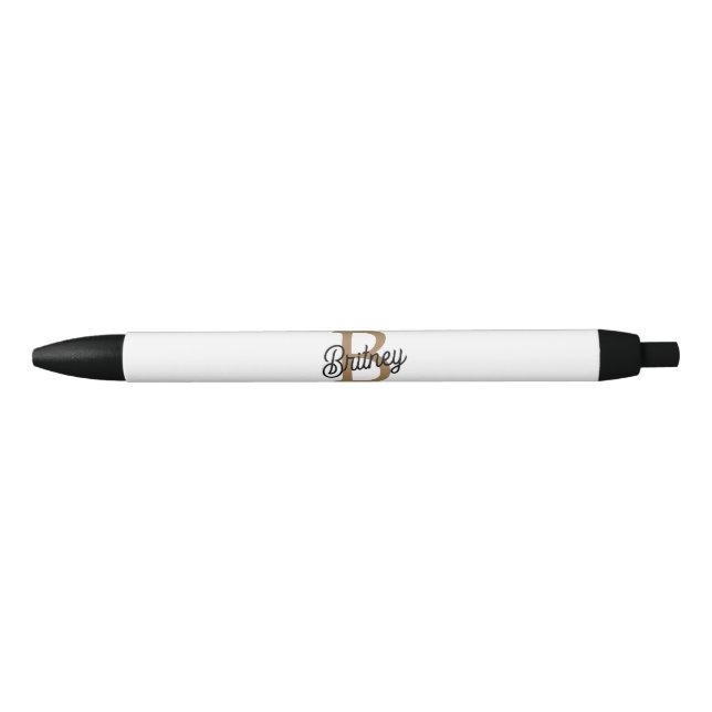 Modern Elegant Monogram Name  Black Gold Script  Pen (Front)