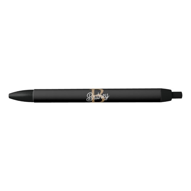 Modern Elegant Monogram Name  Black Gold Script  Pen (Front)