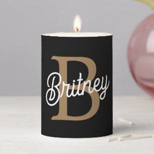 Modern Elegant Monogram Name  Black Gold Script  Pillar Candle
