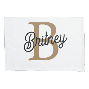 Modern Elegant Monogram Name  Black Gold Script  Pillow Case