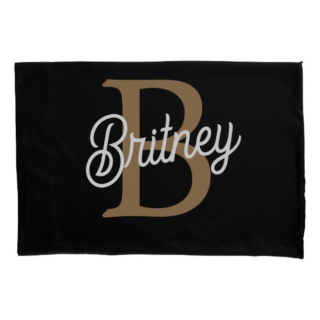 Modern Elegant Monogram Name  Black Gold Script  Pillow Case (Front)