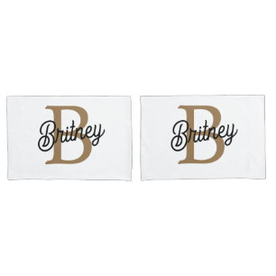 Modern Elegant Monogram Name  Black Gold Script  Pillow Case