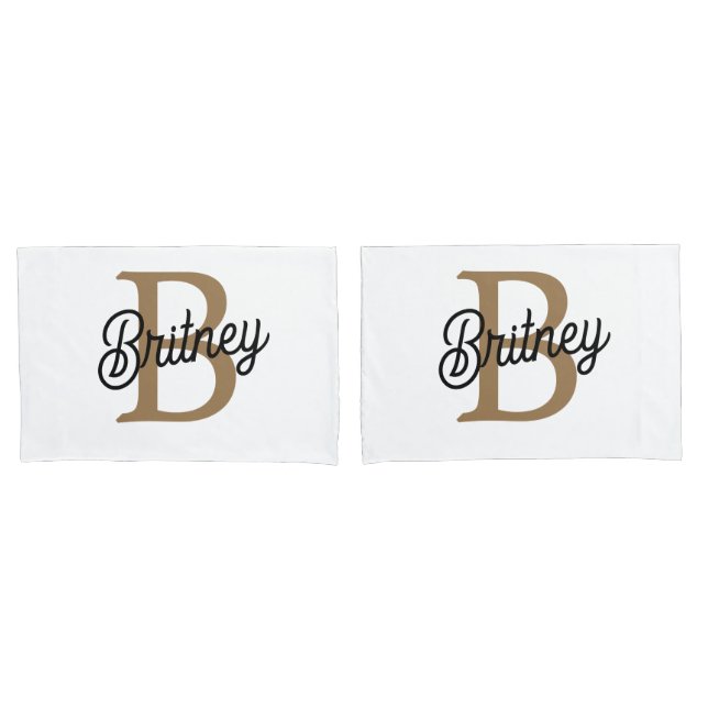 Modern Elegant Monogram Name  Black Gold Script  Pillow Case (Front-Set)