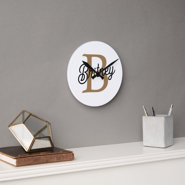 Modern Elegant Monogram Name  Black Gold Script  Round Clock (Office)