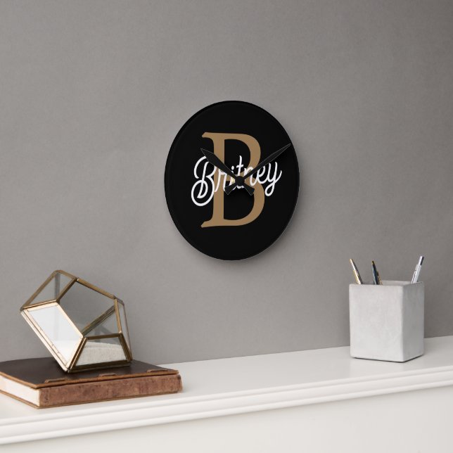 Modern Elegant Monogram Name  Black Gold Script  Round Clock (Office)