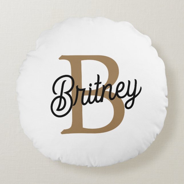 Modern Elegant Monogram Name  Black Gold Script  Round Pillow (Front)