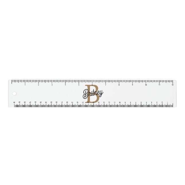 Modern Elegant Monogram Name  Black Gold Script  Ruler (Front)
