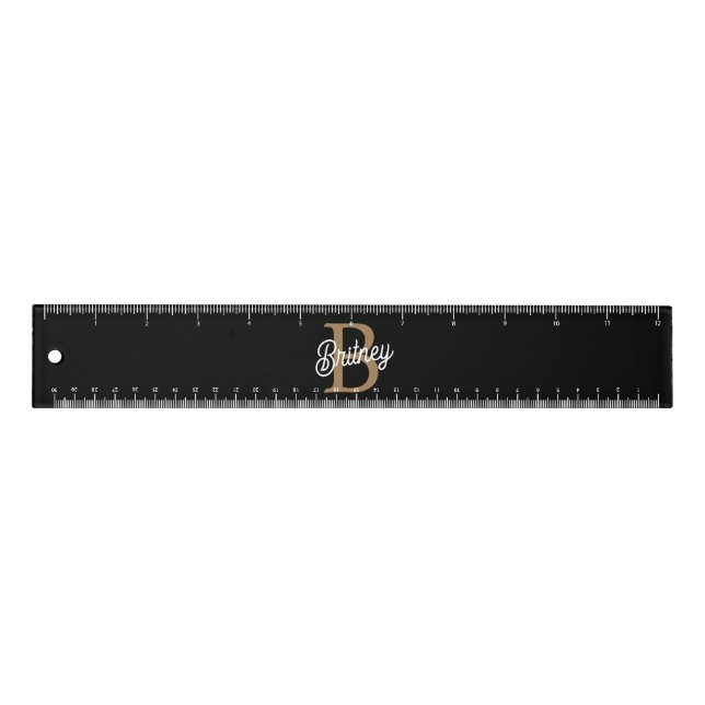 Modern Elegant Monogram Name  Black Gold Script  Ruler (Front)