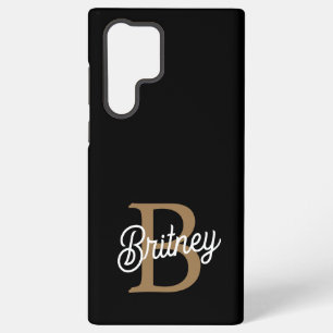 Modern Elegant Monogram Name  Black Gold Script  Samsung Galaxy S22 Ultra Case