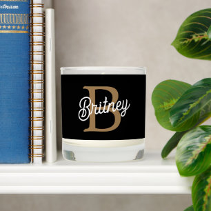 Modern Elegant Monogram Name  Black Gold Script  Scented Candle