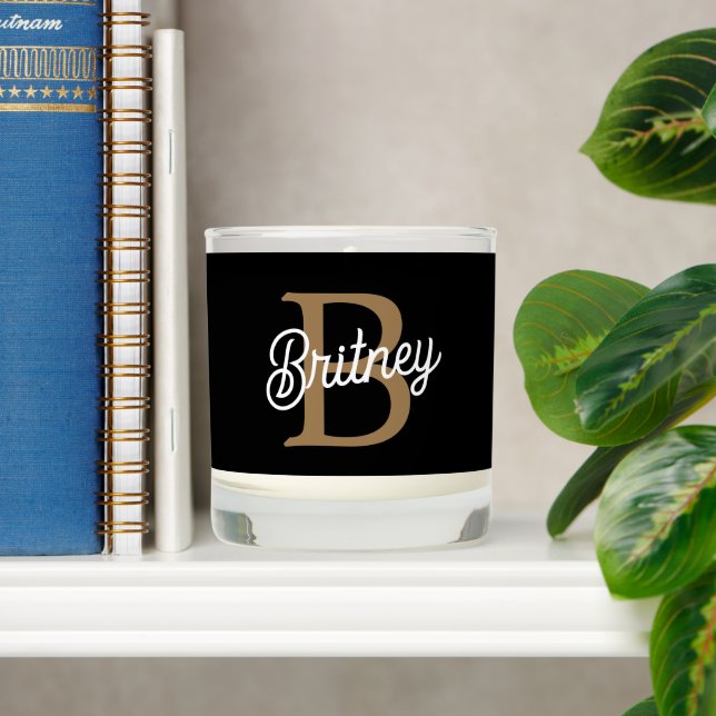 Modern Elegant Monogram Name  Black Gold Script  Scented Candle (Shelf)