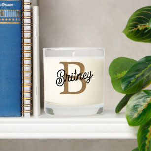 Modern Elegant Monogram Name Black Gold Script Scented Candle