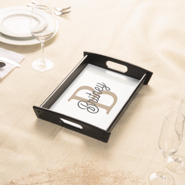 Modern Elegant Monogram Name  Black Gold Script  Serving Tray (Front)