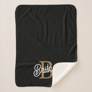 Modern Elegant Monogram Name  Black Gold Script  Sherpa Blanket