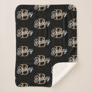 Modern Elegant Monogram Name  Black Gold Script  Sherpa Blanket