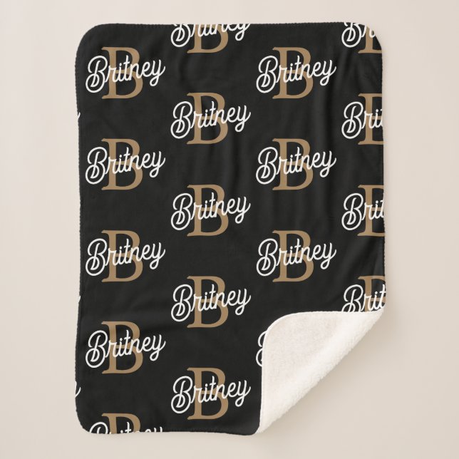 Modern Elegant Monogram Name  Black Gold Script  Sherpa Blanket (Front)