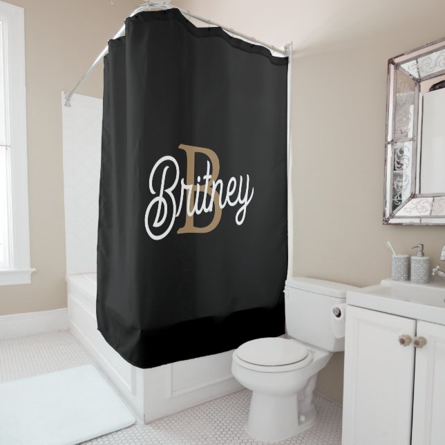 Modern Elegant Monogram Name  Black Gold Script  Shower Curtain (In Situ)