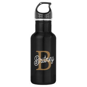 Modern Elegant Monogram Name Black Gold Script Stainless Steel Water Bottle