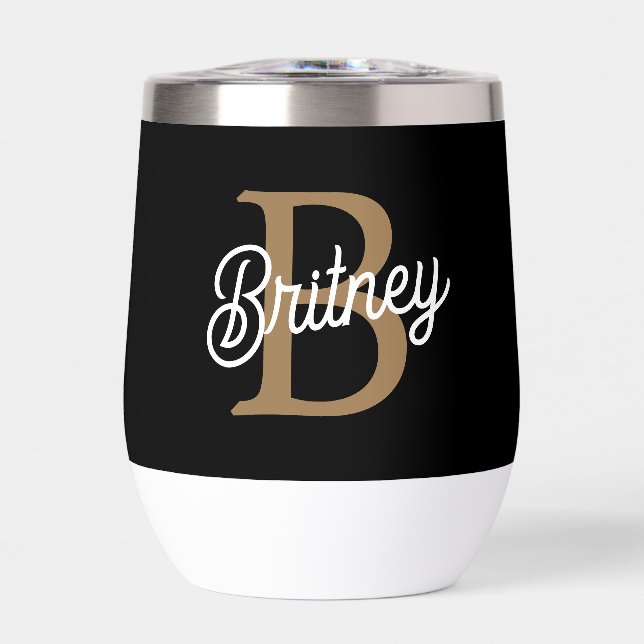 Modern Elegant Monogram Name  Black Gold Script  Thermal Wine Tumbler (Front)
