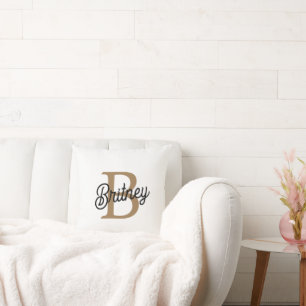 Modern Elegant Monogram Name  Black Gold Script  Throw Pillow