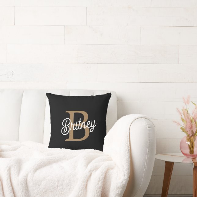 Modern Elegant Monogram Name  Black Gold Script  Throw Pillow (Couch)