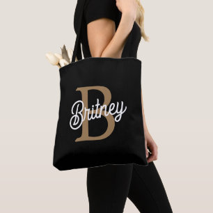 Modern Elegant Monogram Name  Black Gold Script  Tote Bag