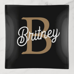Modern Elegant Monogram Name  Black Gold Script  Trinket Tray