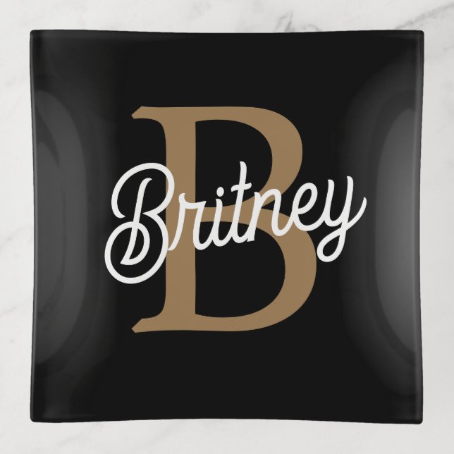 Modern Elegant Monogram Name  Black Gold Script  Trinket Tray (Front)