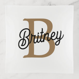 Modern Elegant Monogram Name Black Gold Script Trinket Tray