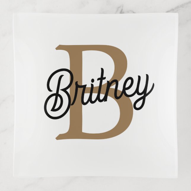 Modern Elegant Monogram Name  Black Gold Script  Trinket Tray (Front)