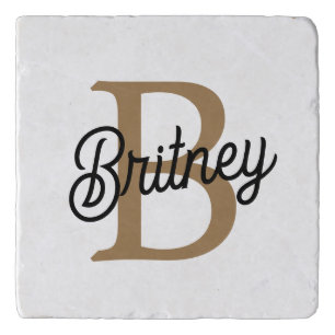 Modern Elegant Monogram Name Black Gold Script Trivet
