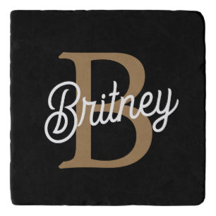 Modern Elegant Monogram Name  Black Gold Script  Trivet