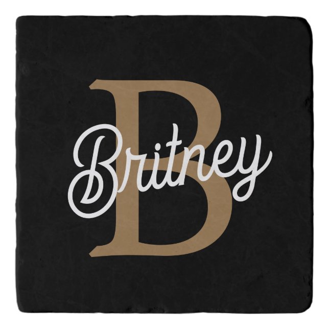 Modern Elegant Monogram Name  Black Gold Script  Trivet (Front)