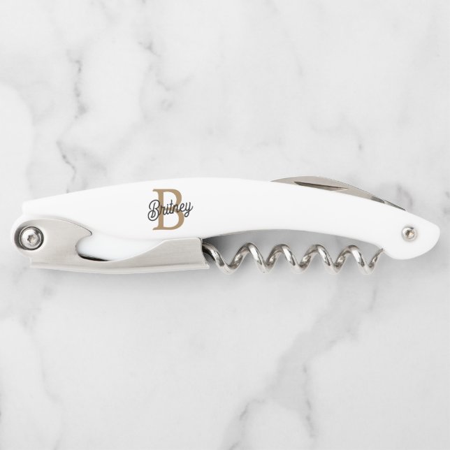 Modern Elegant Monogram Name  Black Gold Script  Waiter's Corkscrew (Front)