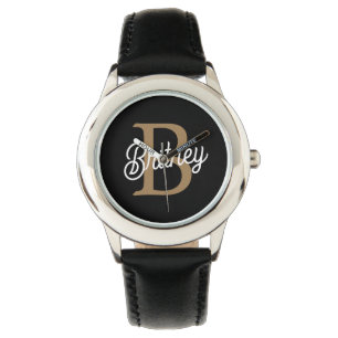 Modern Elegant Monogram Name Black Gold Script Watch
