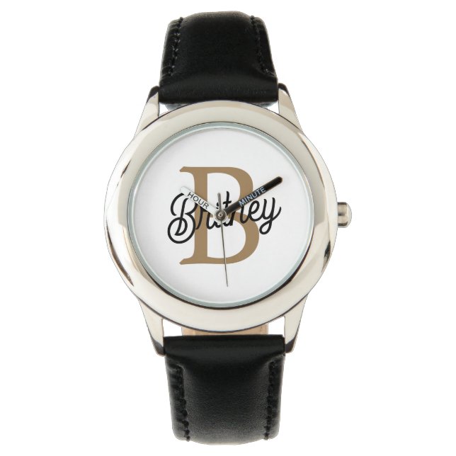 Modern Elegant Monogram Name  Black Gold Script  Watch (Front)
