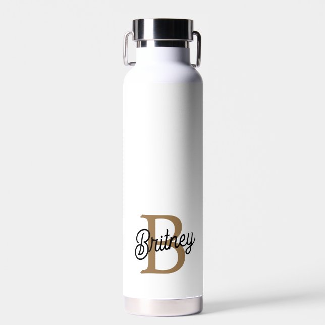 Modern Elegant Monogram Name  Black Gold Script  Water Bottle (Front)
