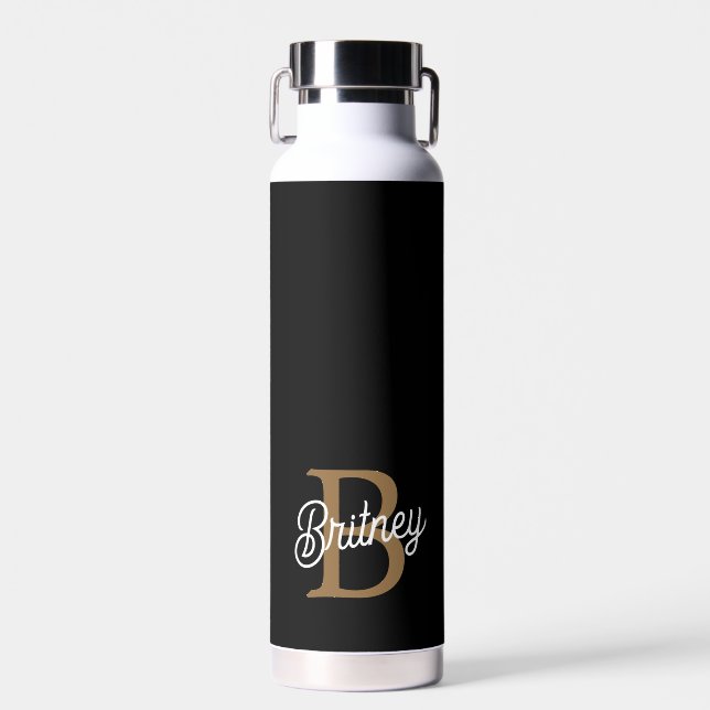 Modern Elegant Monogram Name  Black Gold Script  Water Bottle (Front)